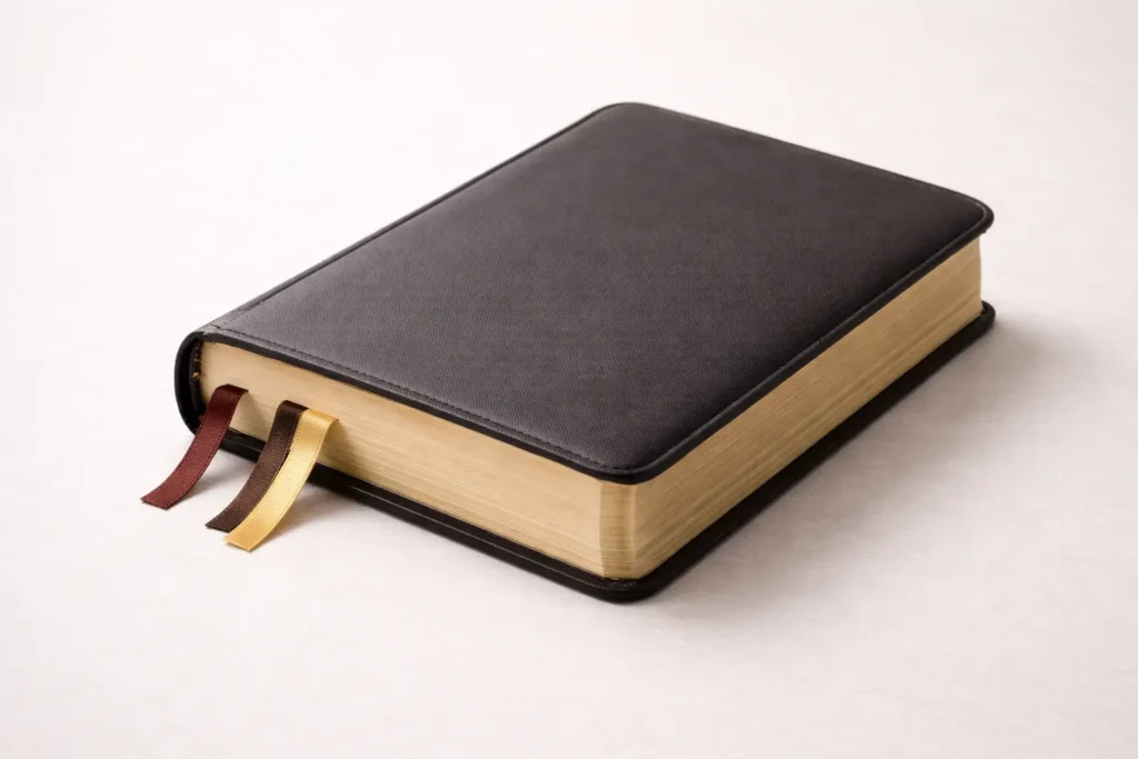A closed Bible showing its physical thickness, spine, page edges, and overall size.