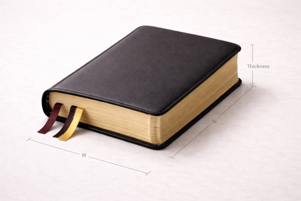 Closed Bible showing height, width, and thickness as physical dimensions
