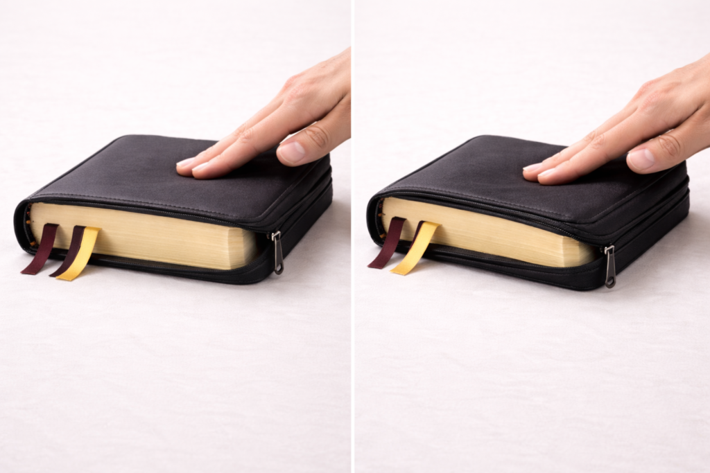Comparison showing a firm Bible cover holding shape versus a flexible cover bending