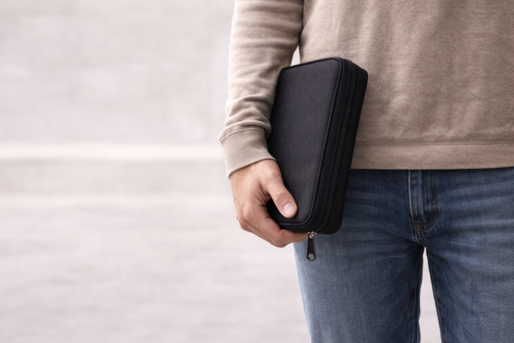 Person carrying a Bible in a cover showing the effect of added weight