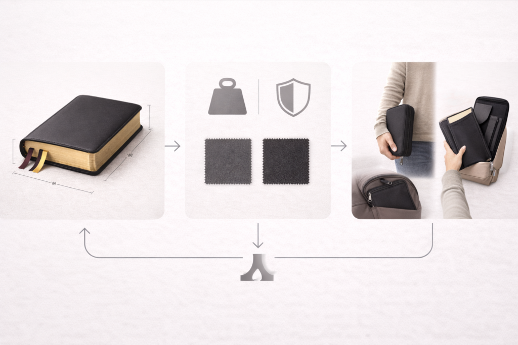Diagram showing intended use as the final step after size and material when choosing a Bible cover