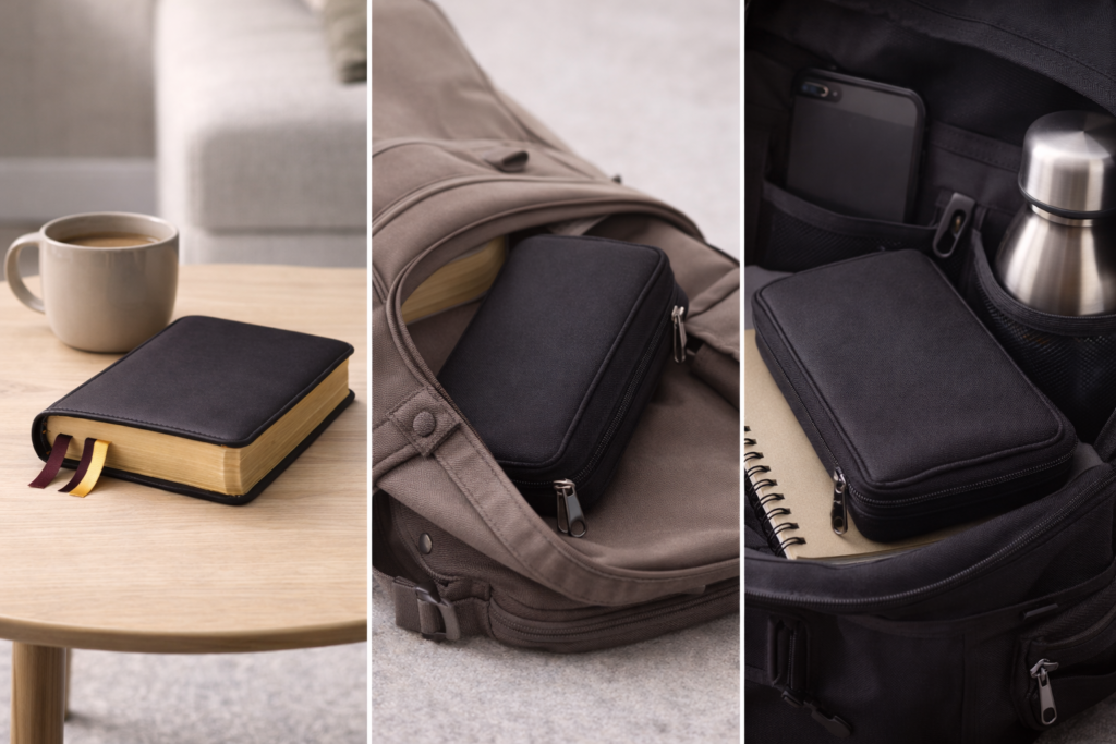 Different real-world contexts where a Bible cover is used
